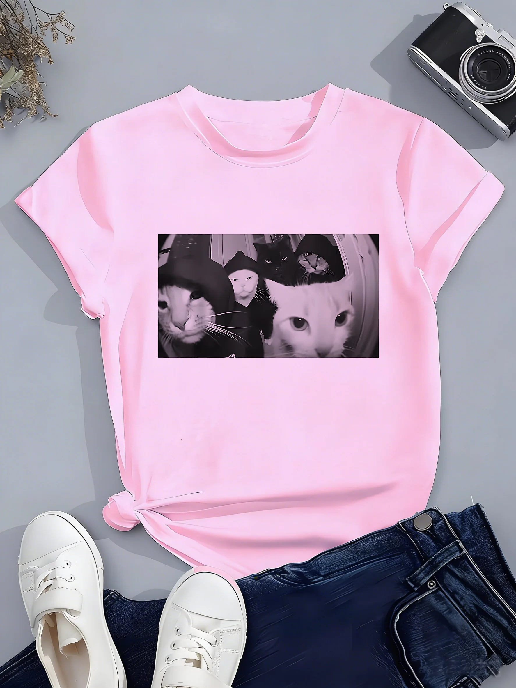 Streetwear Cat Print T Shirts Hip Hop Design Cat Women's T-shirt 2026 Summer New Spring Casual Y2k Tee Lady Short Sleeve Tops