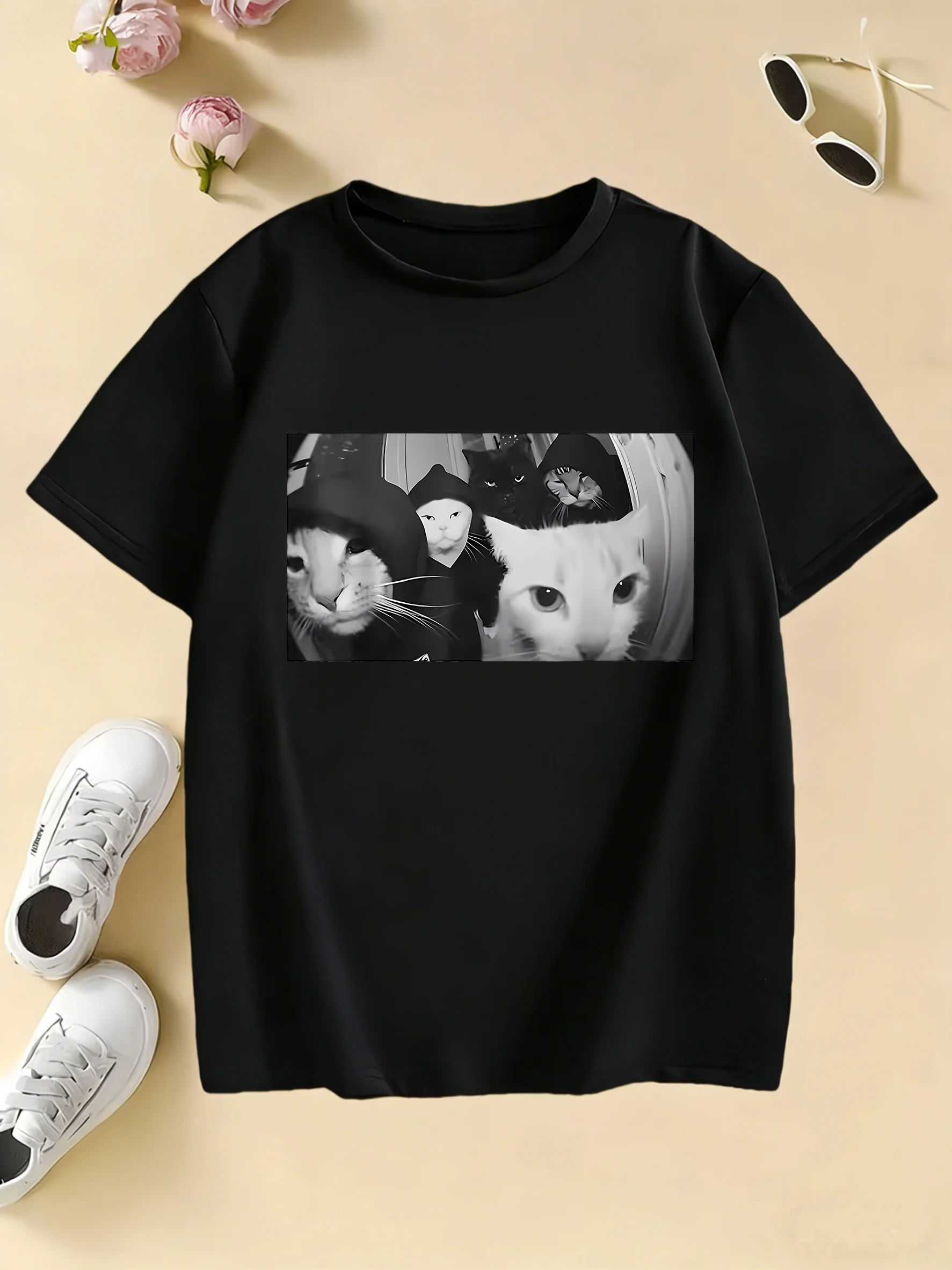 Streetwear Cat Print T Shirts Hip Hop Design Cat Women's T-shirt 2026 Summer New Spring Casual Y2k Tee Lady Short Sleeve Tops