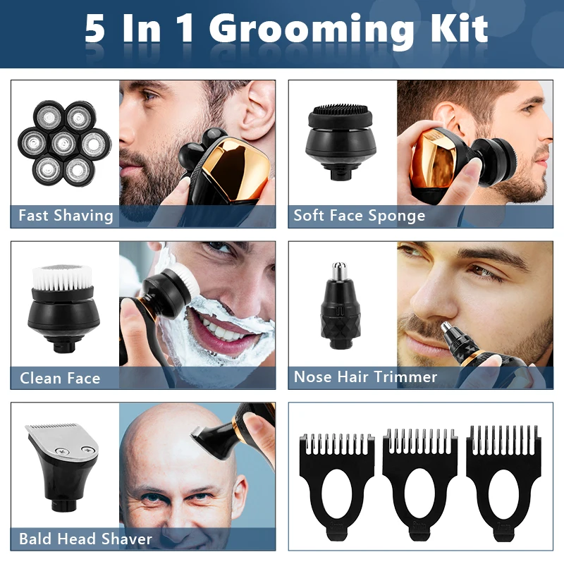 7 Head 5-in-1 Electric Shaver for Men, LCD Display 4D Floating Bald Head Razor, Rechargeable Waterproof Wet/Dry Grooming Kit