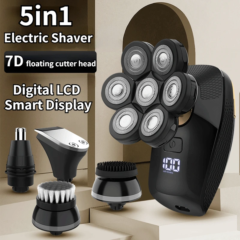 7 Head 5-in-1 Electric Shaver for Men, LCD Display 4D Floating Bald Head Razor, Rechargeable Waterproof Wet/Dry Grooming Kit