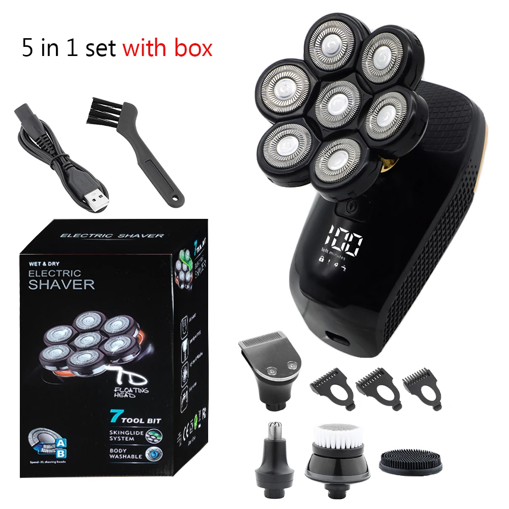 7 Head 5-in-1 Electric Shaver for Men, LCD Display 4D Floating Bald Head Razor, Rechargeable Waterproof Wet/Dry Grooming Kit