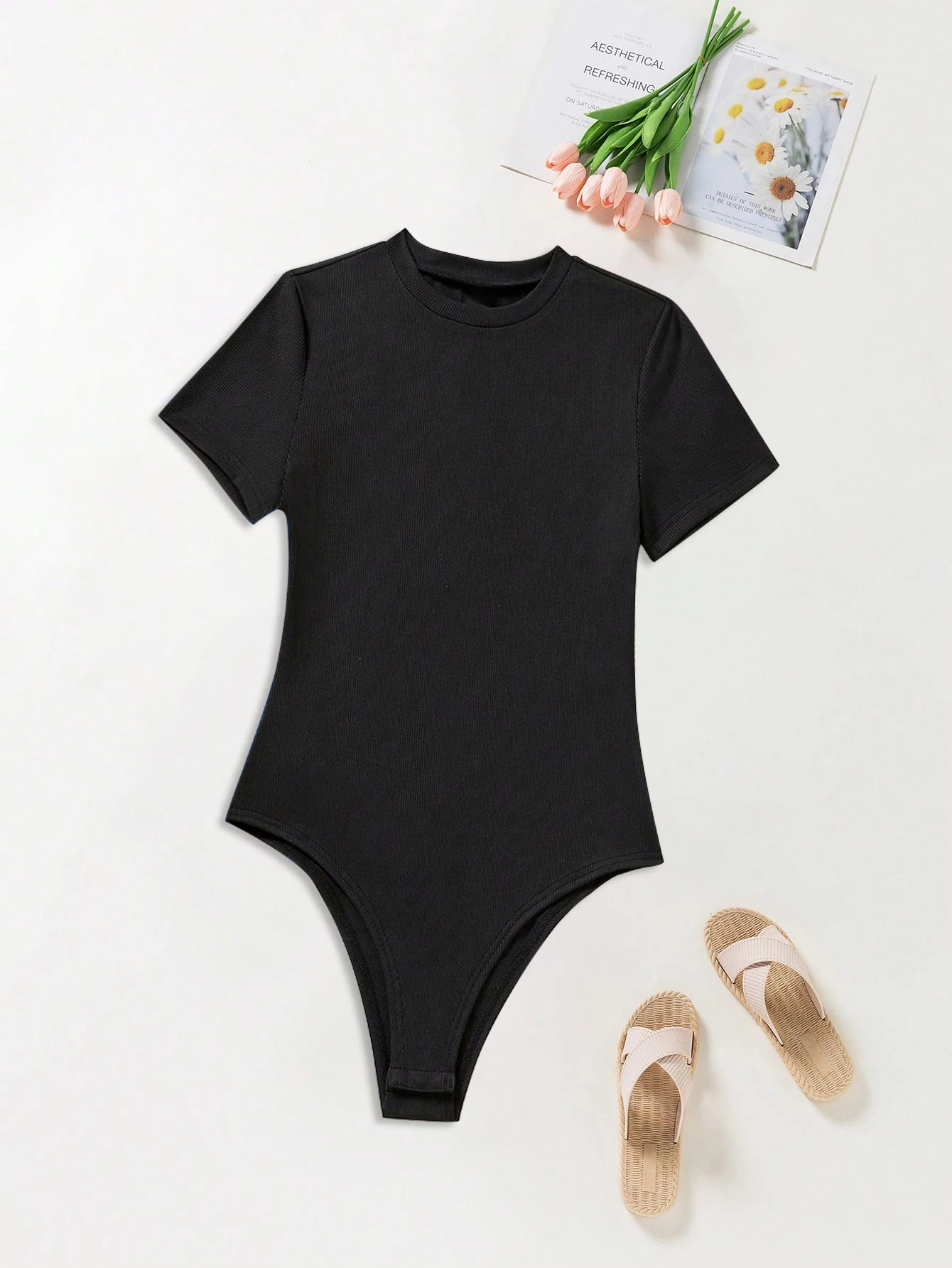 Women's Summer Round-Neck Solid-Color Casual Tight-Fitting Top Set of Five Pieces