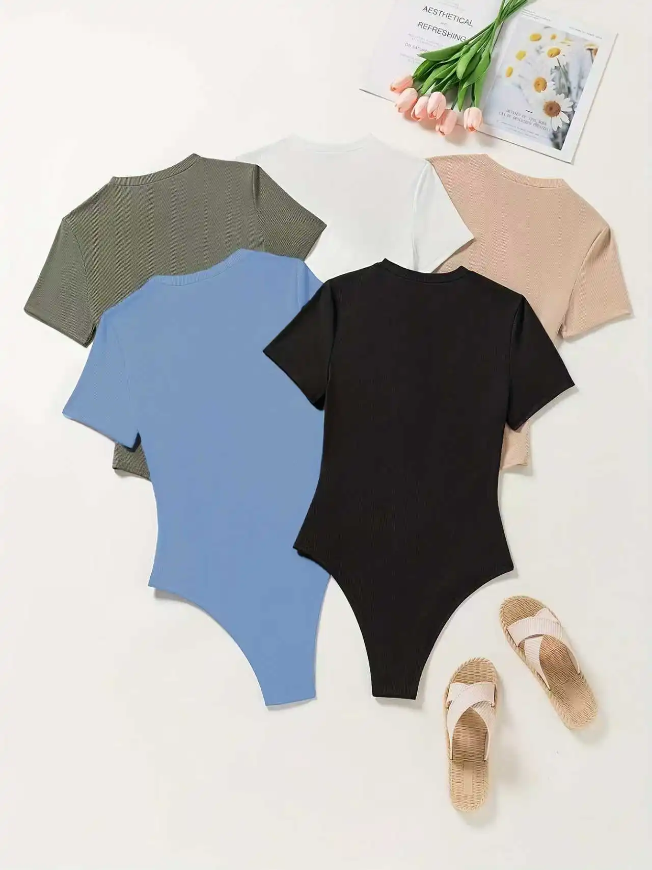 Women's Summer Round-Neck Solid-Color Casual Tight-Fitting Top Set of Five Pieces