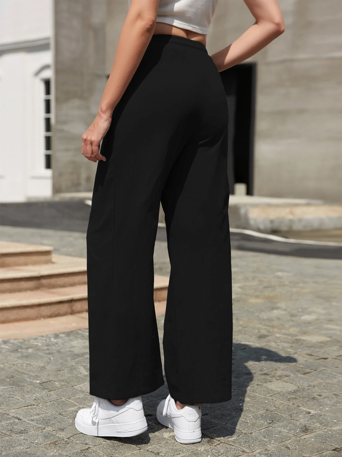 Women's Solid Color Loose Wide Leg Pants Casual Drawstring Straight Pants Pocket Casual Pants Trousers Loose High Waisted Pants