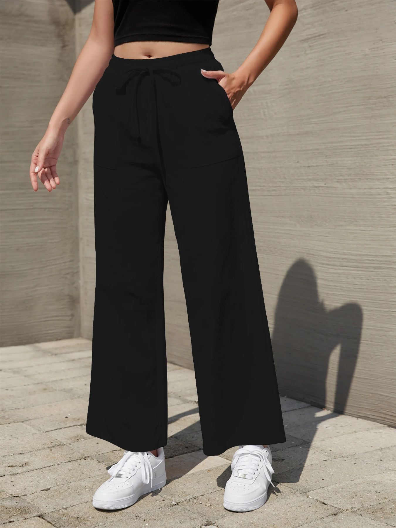 Women's Solid Color Loose Wide Leg Pants Casual Drawstring Straight Pants Pocket Casual Pants Trousers Loose High Waisted Pants