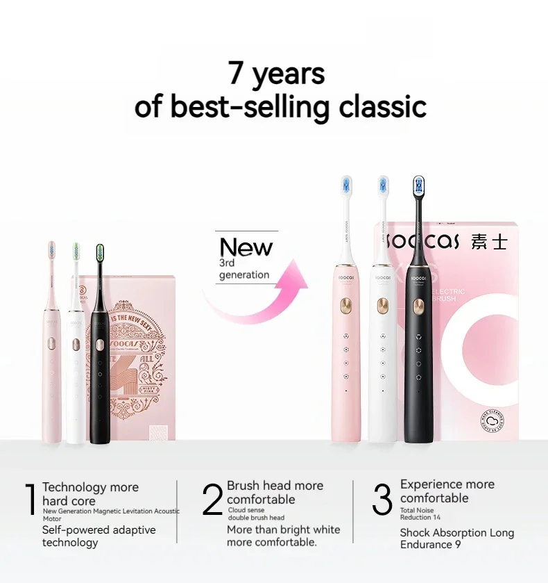 SOOCAS X3S Adult Sonic Electric Smart Toothbrush IPX8 Waterproof 180 Days Battery Life Ultrasonic Soft Cloud Toothbrush Heads