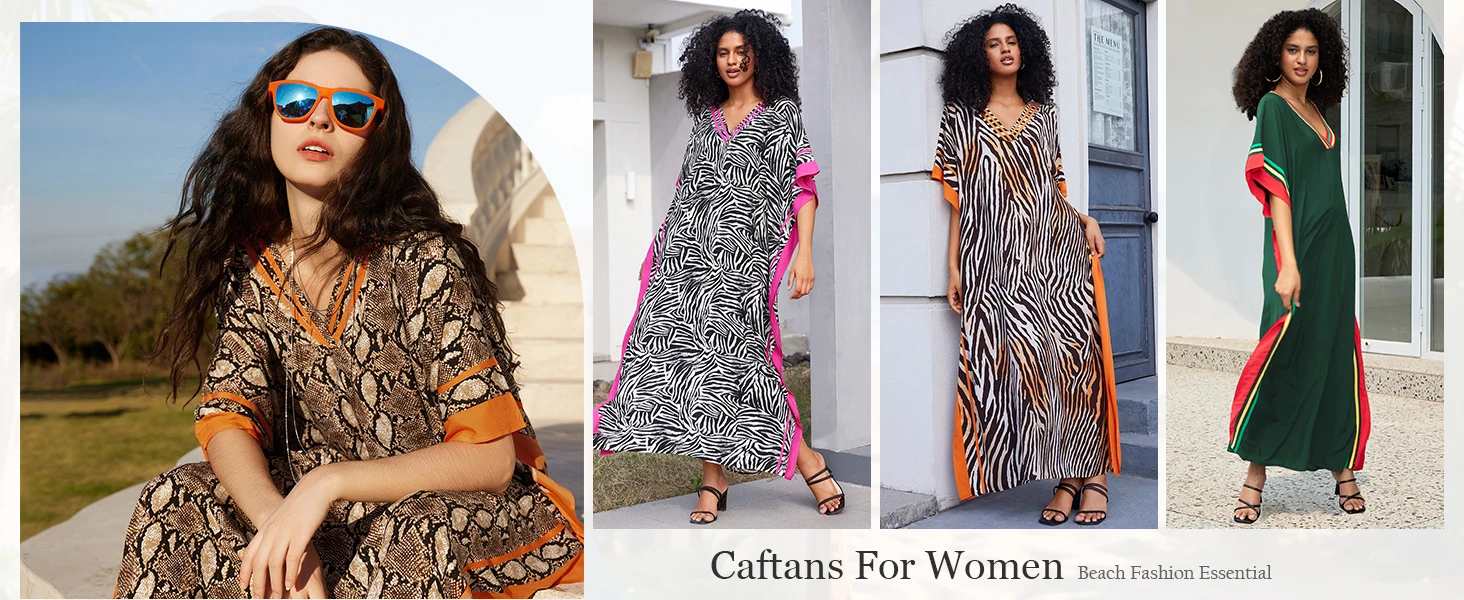 Kaftan Dresses for Women V-Neck Print Swimsuit Cover Up Plus Size Beach Caftan Lounge Dress