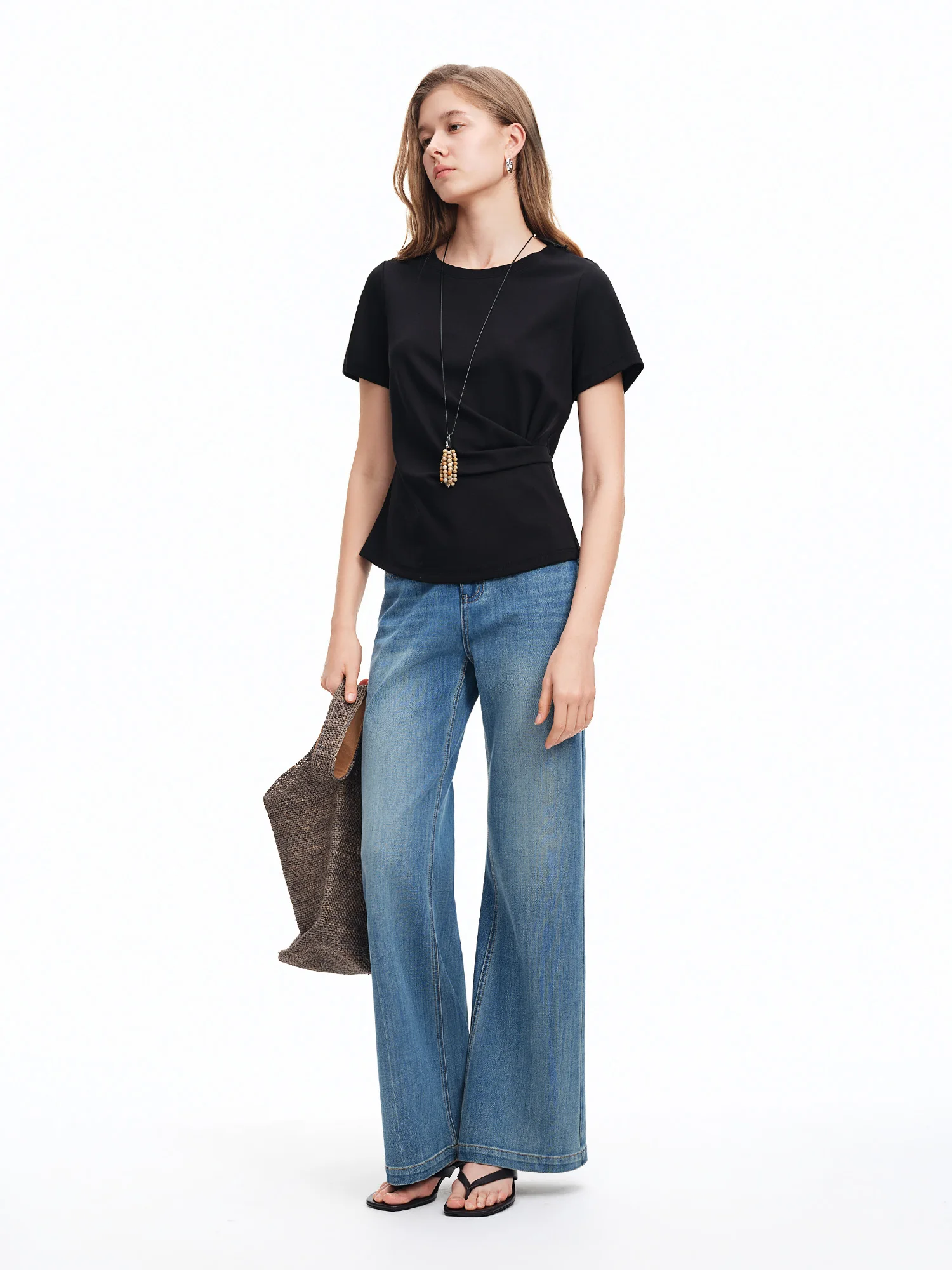 DUSHU 2026 Summer Women Asymmetrical Cut-out T-shirt Structured Shoulder Waist-Cinching Round Neck Top Side Slit Daily Essential