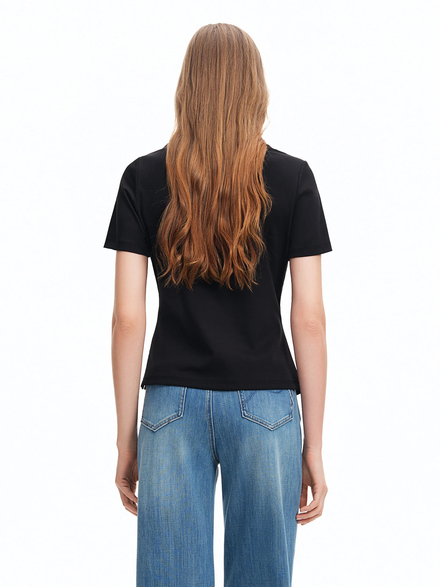 DUSHU 2026 Summer Women Asymmetrical Cut-out T-shirt Structured Shoulder Waist-Cinching Round Neck Top Side Slit Daily Essential
