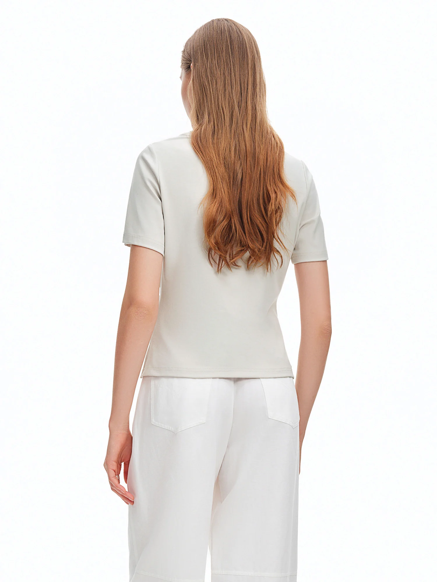DUSHU 2026 Summer Women Asymmetrical Cut-out T-shirt Structured Shoulder Waist-Cinching Round Neck Top Side Slit Daily Essential