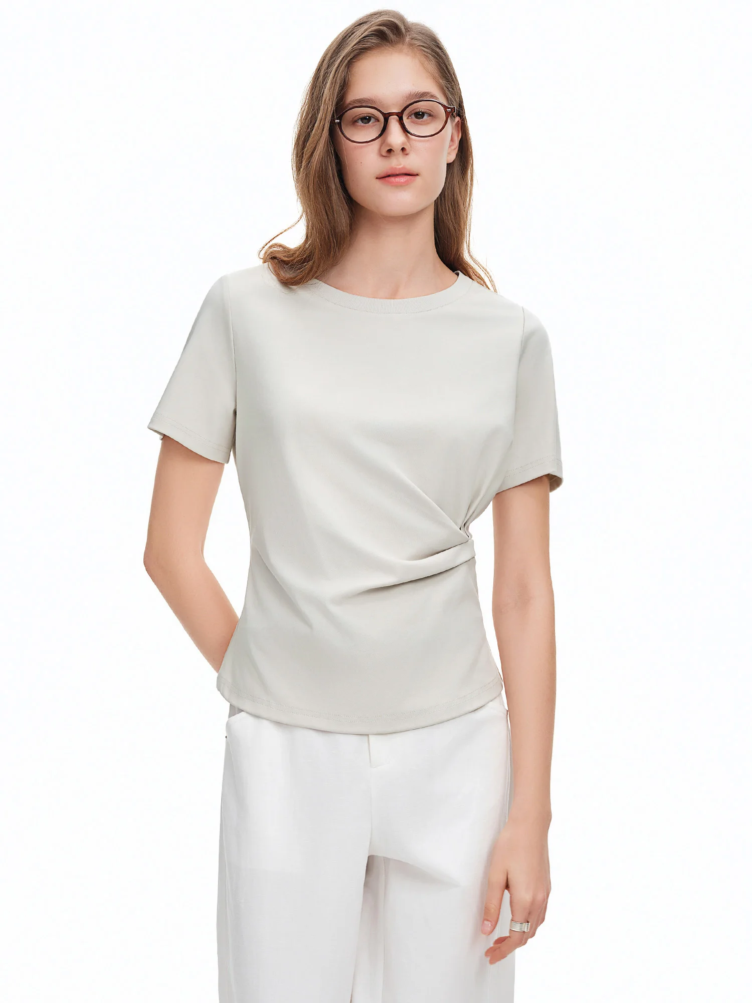 DUSHU 2026 Summer Women Asymmetrical Cut-out T-shirt Structured Shoulder Waist-Cinching Round Neck Top Side Slit Daily Essential