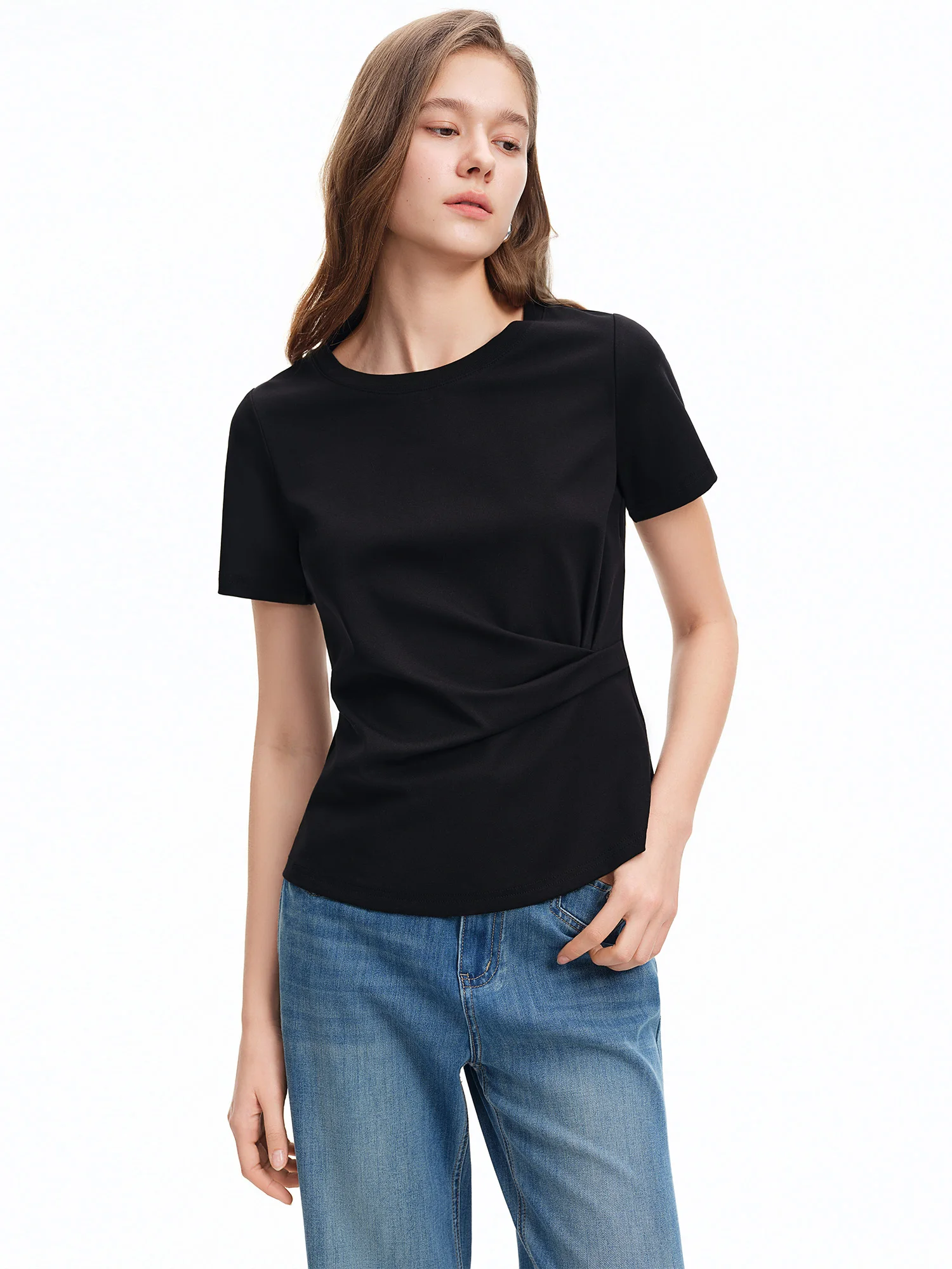DUSHU 2026 Summer Women Asymmetrical Cut-out T-shirt Structured Shoulder Waist-Cinching Round Neck Top Side Slit Daily Essential