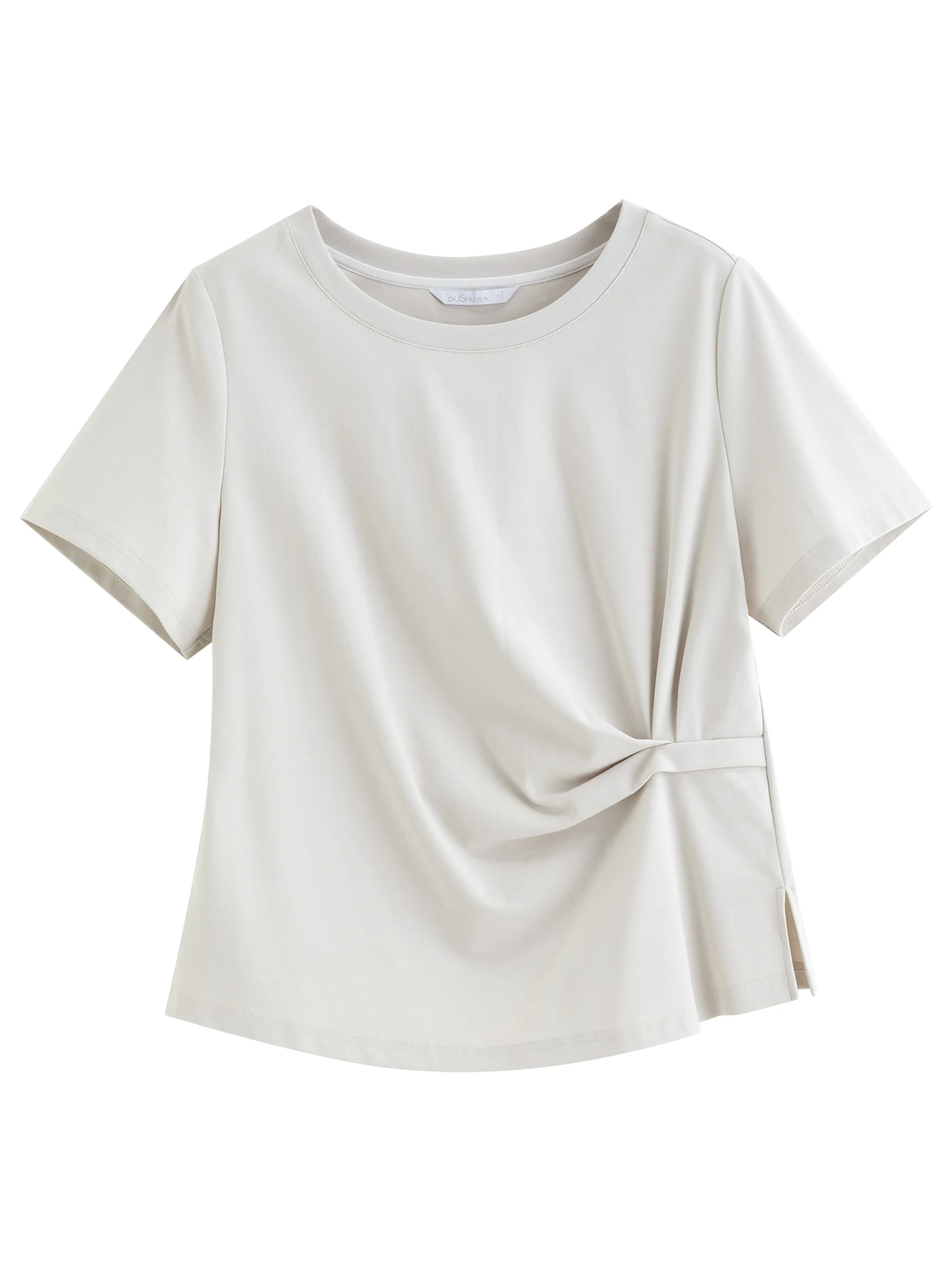 DUSHU 2026 Summer Women Asymmetrical Cut-out T-shirt Structured Shoulder Waist-Cinching Round Neck Top Side Slit Daily Essential
