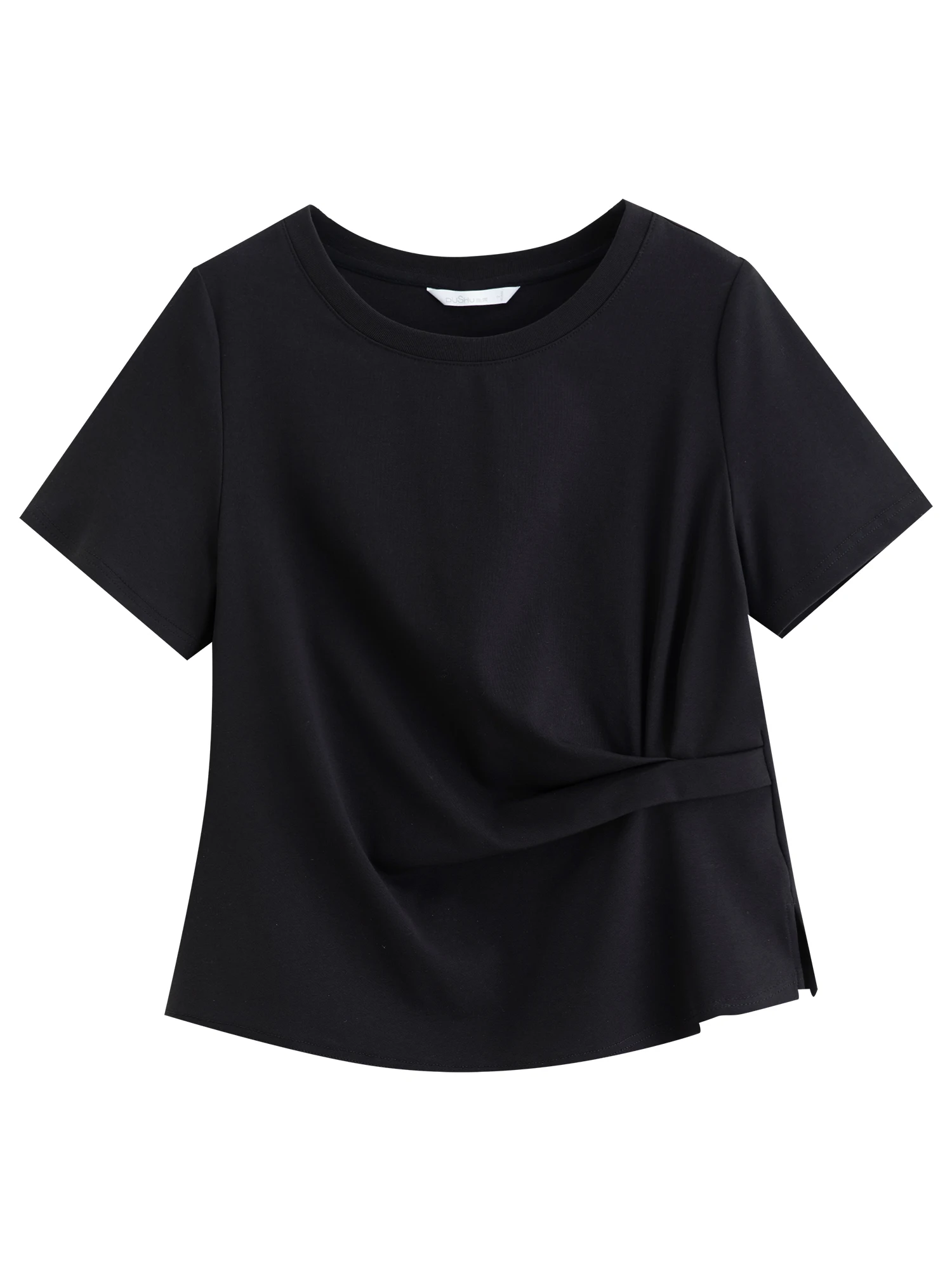 DUSHU 2026 Summer Women Asymmetrical Cut-out T-shirt Structured Shoulder Waist-Cinching Round Neck Top Side Slit Daily Essential