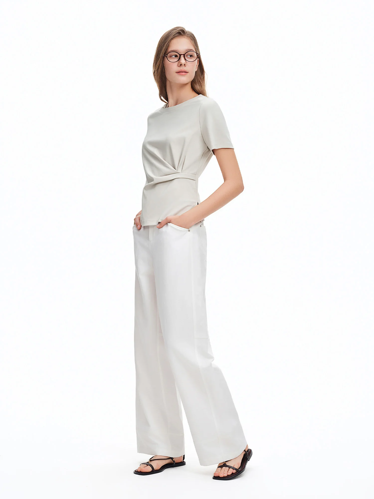 DUSHU 2026 Summer Women Asymmetrical Cut-out T-shirt Structured Shoulder Waist-Cinching Round Neck Top Side Slit Daily Essential