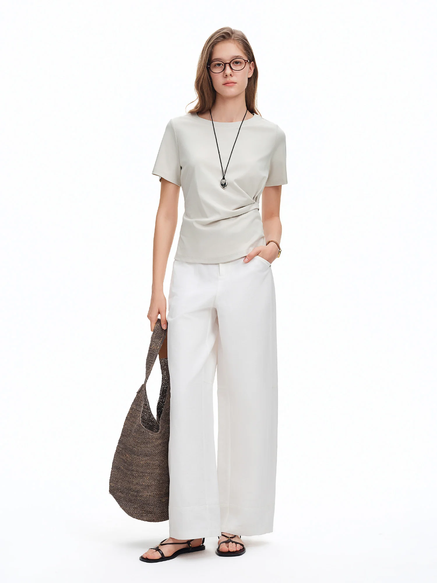 DUSHU 2026 Summer Women Asymmetrical Cut-out T-shirt Structured Shoulder Waist-Cinching Round Neck Top Side Slit Daily Essential