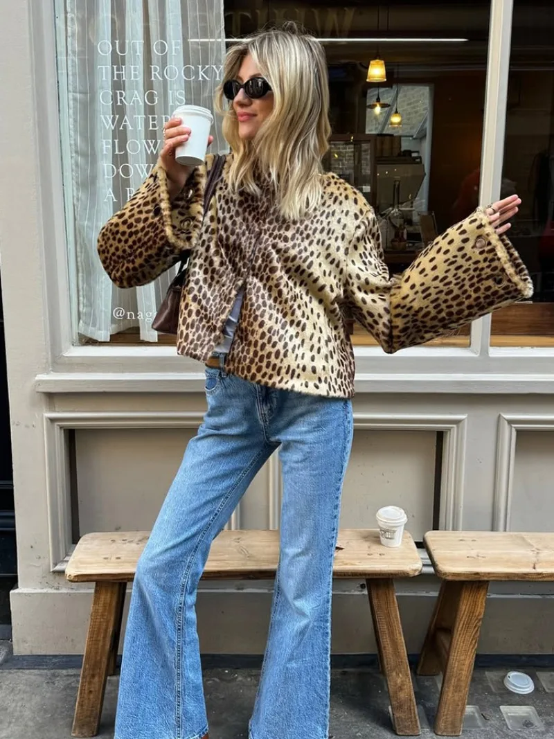 UNITIM Women Faux Fur Leopard Jacket Round Neck Long Sleeve Button Front Coats Spring Edgy Women Outerwear Lady Vintage Outwear