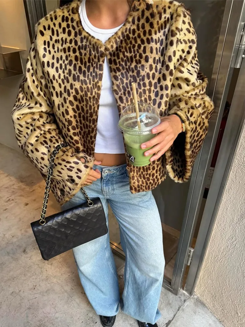 UNITIM Women Faux Fur Leopard Jacket Round Neck Long Sleeve Button Front Coats Spring Edgy Women Outerwear Lady Vintage Outwear