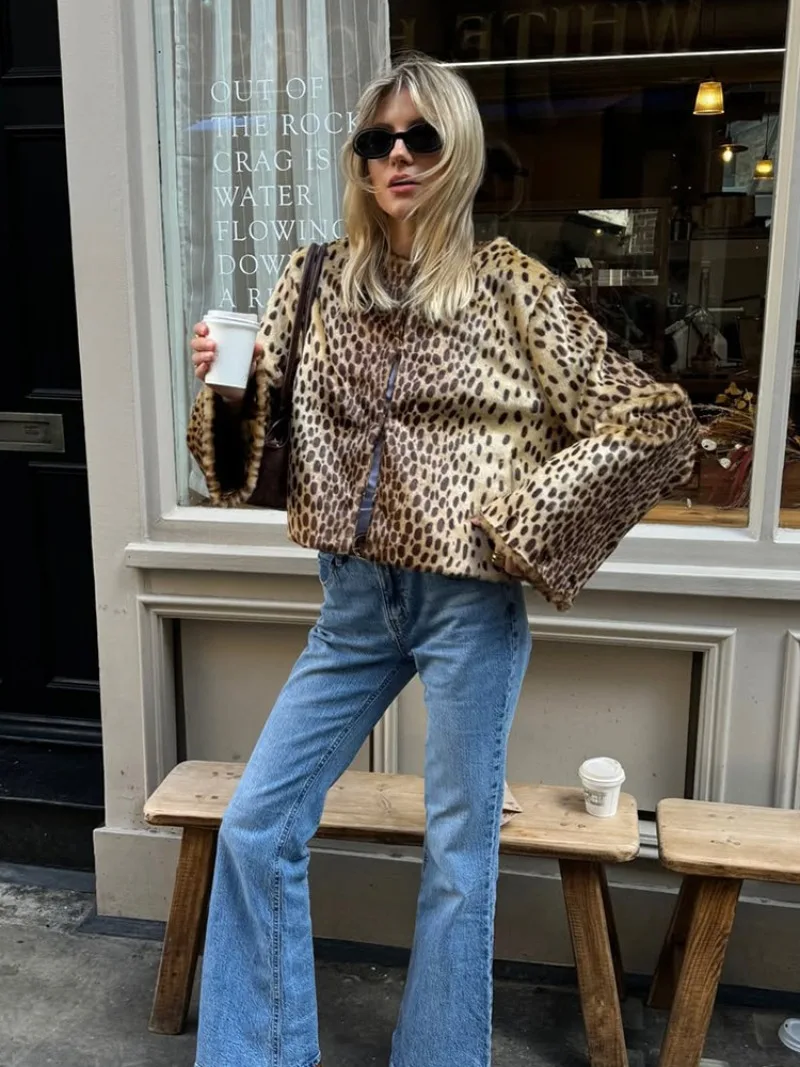 UNITIM Women Faux Fur Leopard Jacket Round Neck Long Sleeve Button Front Coats Spring Edgy Women Outerwear Lady Vintage Outwear
