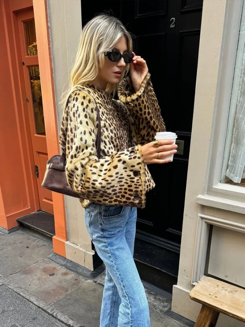 UNITIM Women Faux Fur Leopard Jacket Round Neck Long Sleeve Button Front Coats Spring Edgy Women Outerwear Lady Vintage Outwear