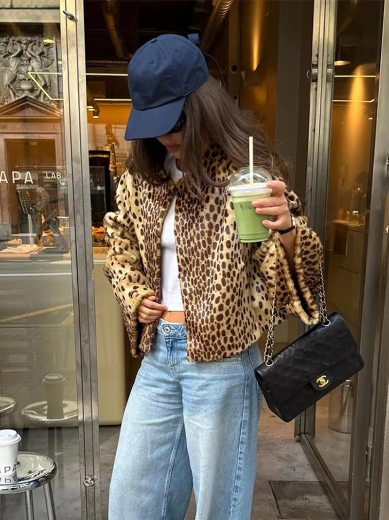 UNITIM Women Faux Fur Leopard Jacket Round Neck Long Sleeve Button Front Coats Spring Edgy Women Outerwear Lady Vintage Outwear