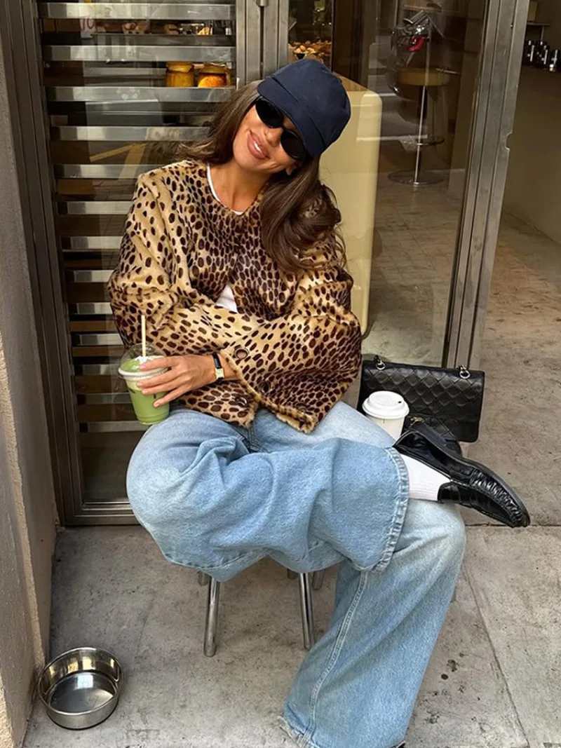 UNITIM Women Faux Fur Leopard Jacket Round Neck Long Sleeve Button Front Coats Spring Edgy Women Outerwear Lady Vintage Outwear