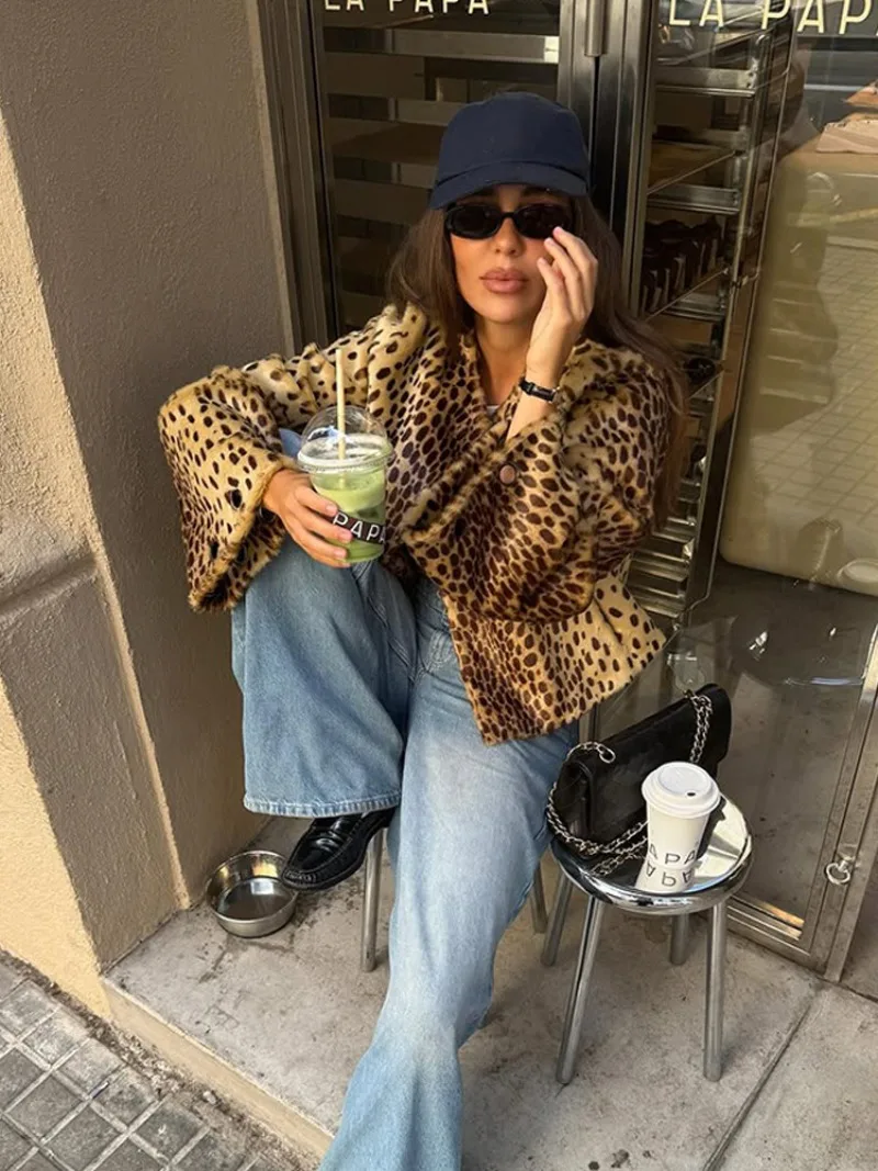 UNITIM Women Faux Fur Leopard Jacket Round Neck Long Sleeve Button Front Coats Spring Edgy Women Outerwear Lady Vintage Outwear