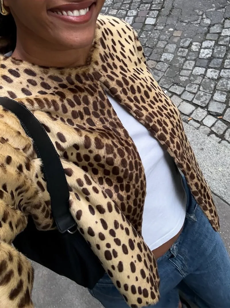UNITIM Women Faux Fur Leopard Jacket Round Neck Long Sleeve Button Front Coats Spring Edgy Women Outerwear Lady Vintage Outwear