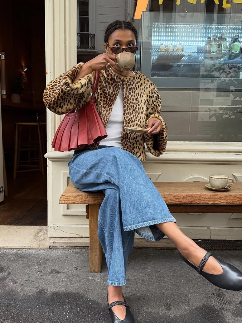 UNITIM Women Faux Fur Leopard Jacket Round Neck Long Sleeve Button Front Coats Spring Edgy Women Outerwear Lady Vintage Outwear