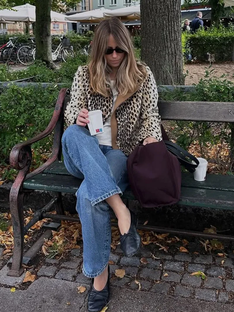 UNITIM Women Faux Fur Leopard Jacket Round Neck Long Sleeve Button Front Coats Spring Edgy Women Outerwear Lady Vintage Outwear