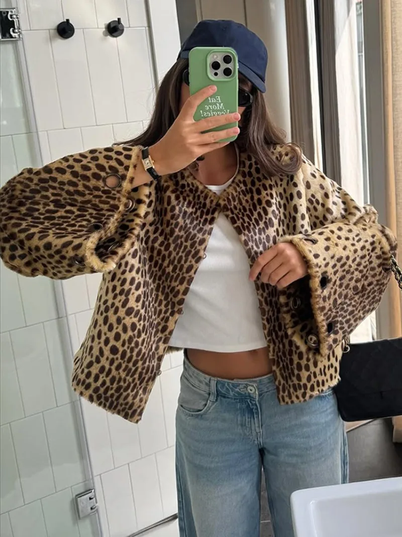 UNITIM Women Faux Fur Leopard Jacket Round Neck Long Sleeve Button Front Coats Spring Edgy Women Outerwear Lady Vintage Outwear