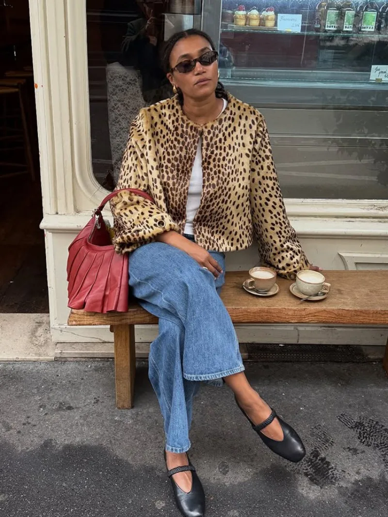 UNITIM Women Faux Fur Leopard Jacket Round Neck Long Sleeve Button Front Coats Spring Edgy Women Outerwear Lady Vintage Outwear