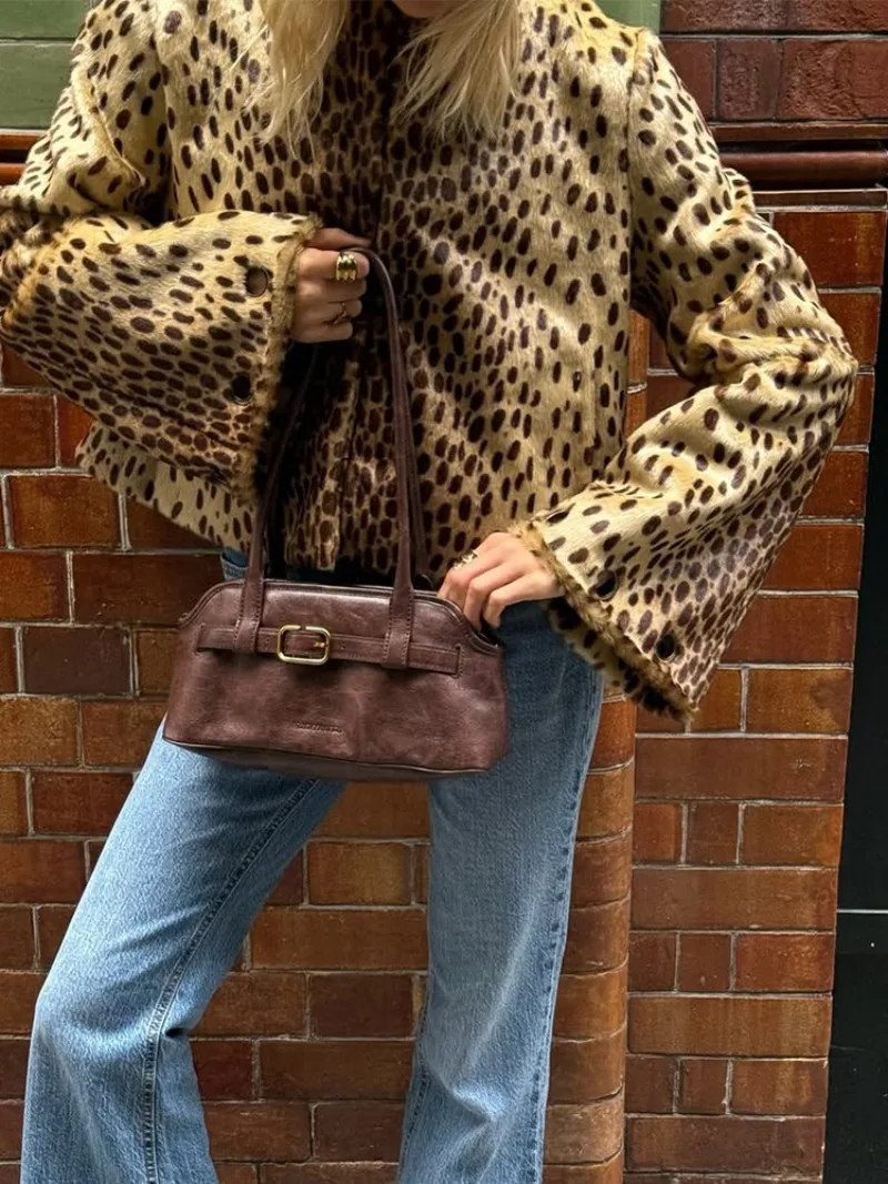 UNITIM Women Faux Fur Leopard Jacket Round Neck Long Sleeve Button Front Coats Spring Edgy Women Outerwear Lady Vintage Outwear