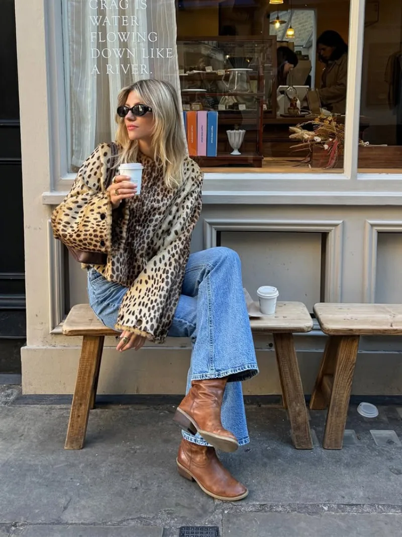 UNITIM Women Faux Fur Leopard Jacket Round Neck Long Sleeve Button Front Coats Spring Edgy Women Outerwear Lady Vintage Outwear
