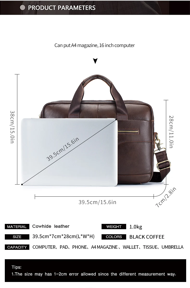 Men's Genuine Leather Luxury Briefcase 15.6 Inch Laptop Bag Business Office Handbag Computer Bag