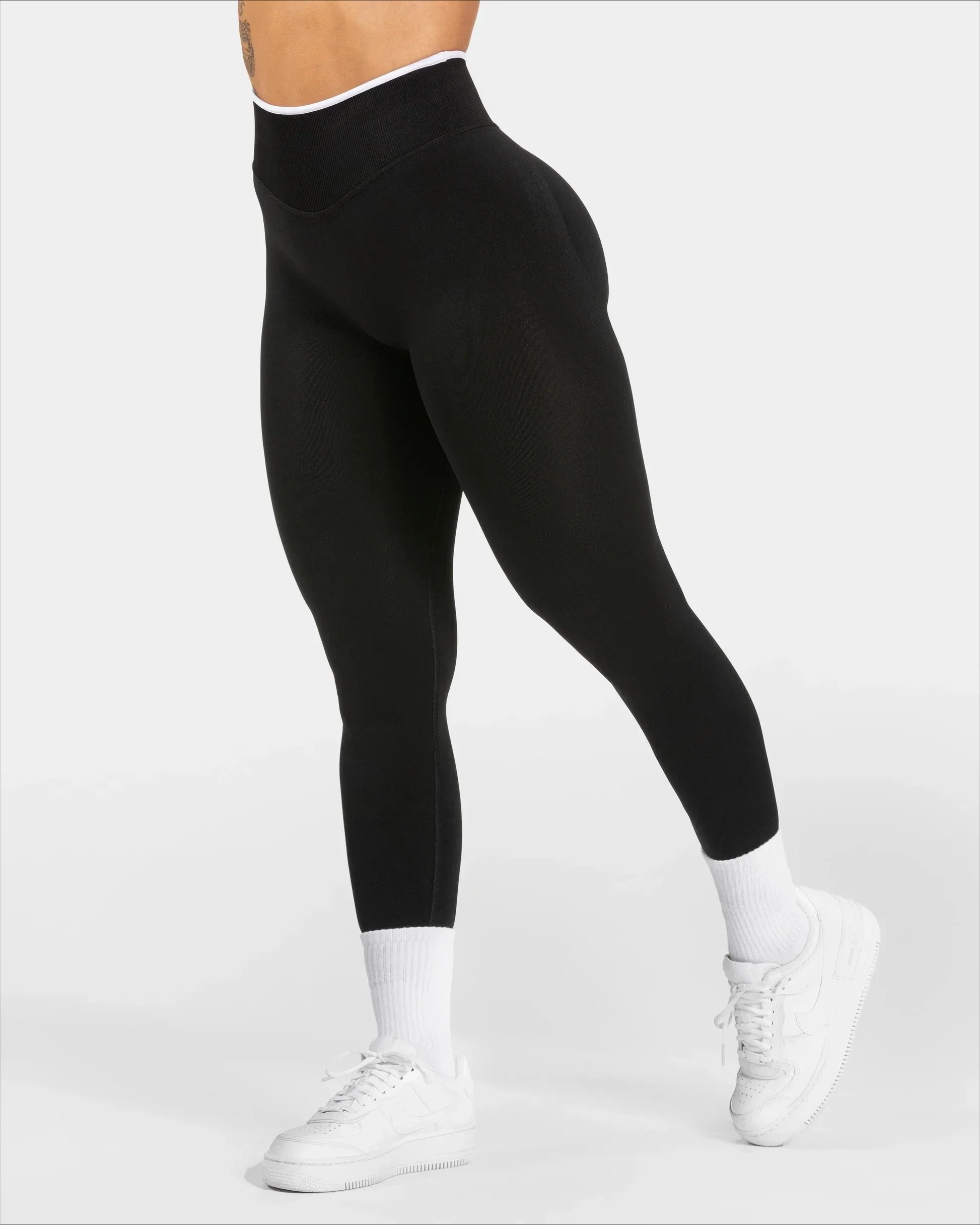 Women's Seamless High Waist Yoga Leggings White Edge Waist Solid Color Hip Lifting Tight Sports Pants for Gym Running Exercise