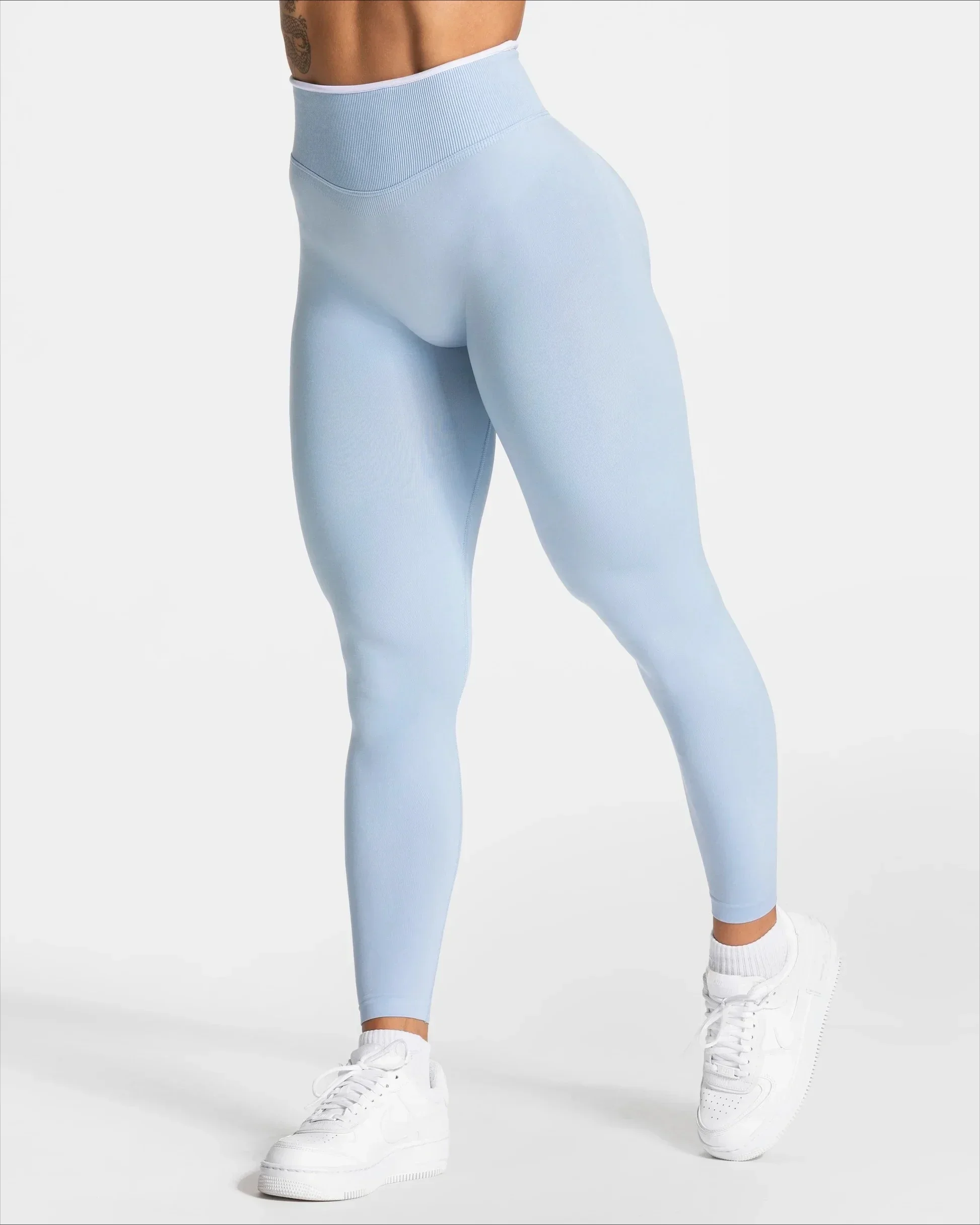 Women's Seamless High Waist Yoga Leggings White Edge Waist Solid Color Hip Lifting Tight Sports Pants for Gym Running Exercise
