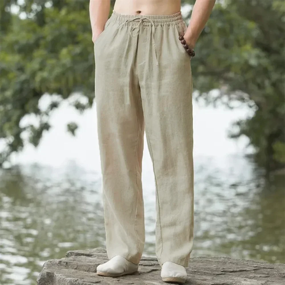 2025 New Men Spring Summer Quality Trousers Mens Cotton Hemp Breathable Comfortable Casual Home Straight Pants Linen Men's Pants