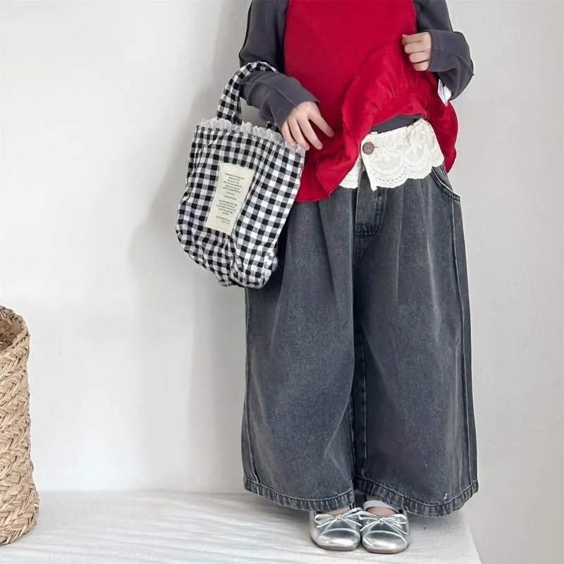 UNITIM 2-8Yrs Kids Girls Jeans Loose Lace Patchwork Children Girls Straight Pants Casual Trendy Infant Babys Girls Denim Pants