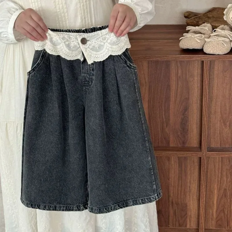 UNITIM 2-8Yrs Kids Girls Jeans Loose Lace Patchwork Children Girls Straight Pants Casual Trendy Infant Babys Girls Denim Pants