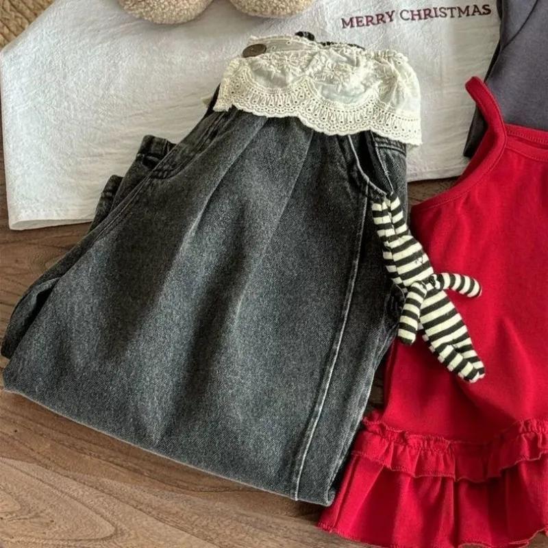 UNITIM 2-8Yrs Kids Girls Jeans Loose Lace Patchwork Children Girls Straight Pants Casual Trendy Infant Babys Girls Denim Pants