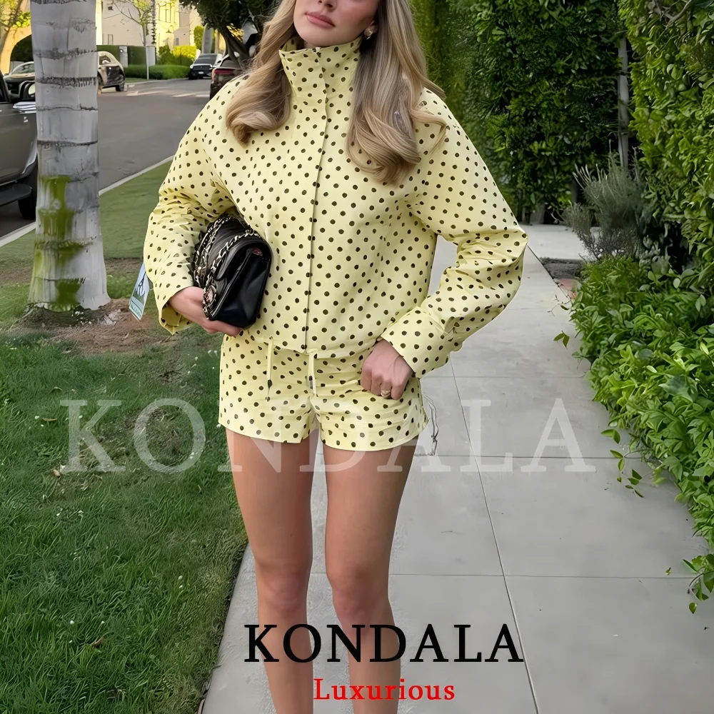 KONDALA Casual Polka Dot Women Suits Oversized Bomber Jackets Mini Shorts Fashion 2026 Spring Summer Y2K Girl Holiday Beach Set