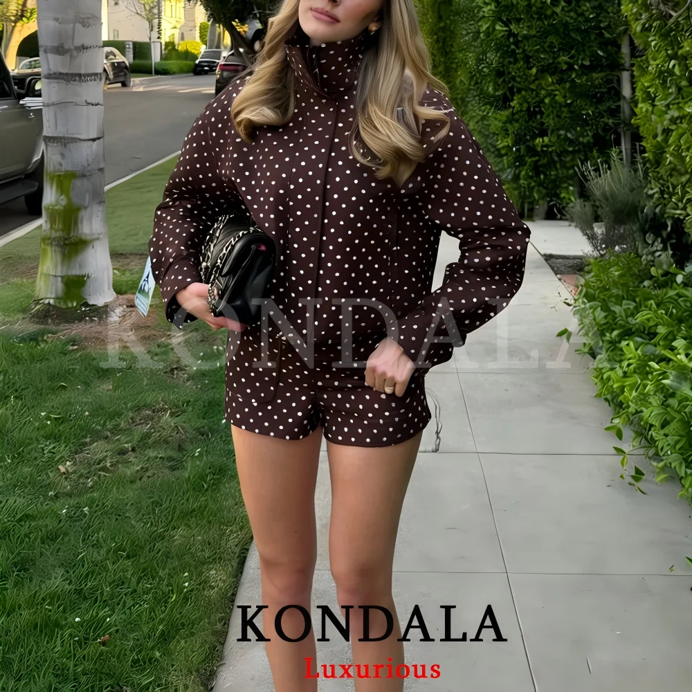 KONDALA Casual Polka Dot Women Suits Oversized Bomber Jackets Mini Shorts Fashion 2026 Spring Summer Y2K Girl Holiday Beach Set