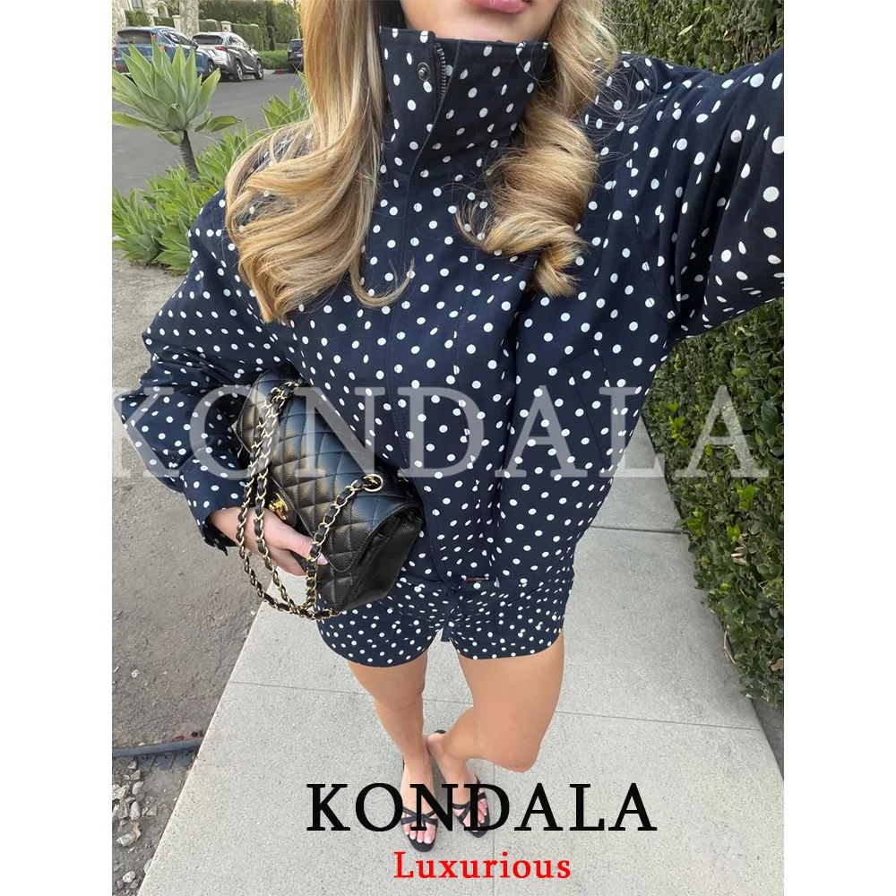 KONDALA Casual Polka Dot Women Suits Oversized Bomber Jackets Mini Shorts Fashion 2026 Spring Summer Y2K Girl Holiday Beach Set