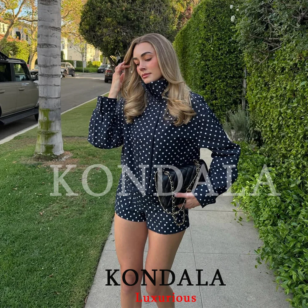 KONDALA Casual Polka Dot Women Suits Oversized Bomber Jackets Mini Shorts Fashion 2026 Spring Summer Y2K Girl Holiday Beach Set