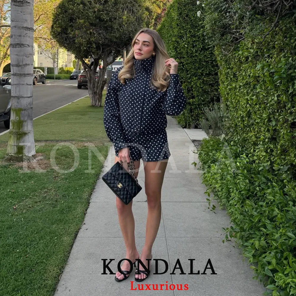 KONDALA Casual Polka Dot Women Suits Oversized Bomber Jackets Mini Shorts Fashion 2026 Spring Summer Y2K Girl Holiday Beach Set