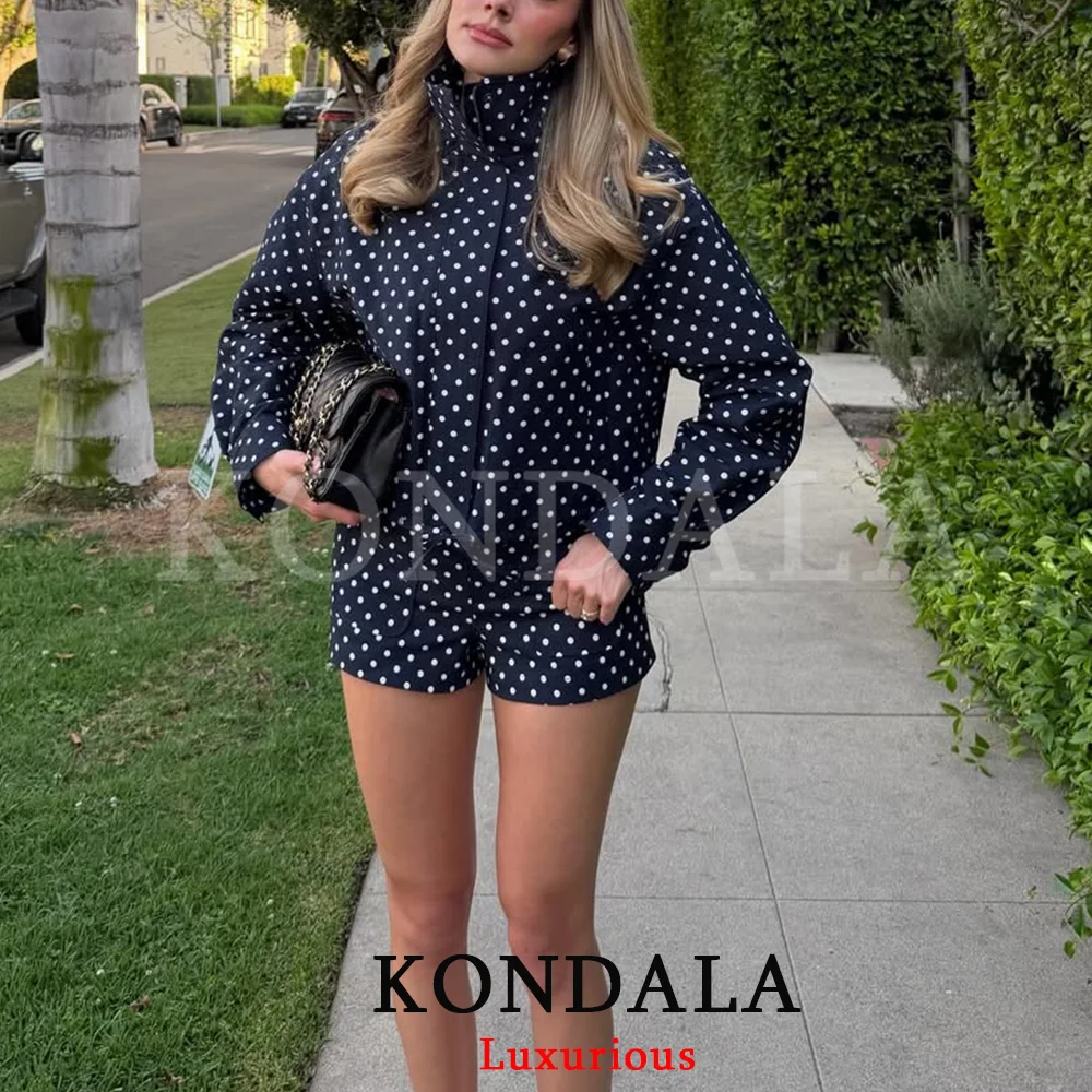 KONDALA Casual Polka Dot Women Suits Oversized Bomber Jackets Mini Shorts Fashion 2026 Spring Summer Y2K Girl Holiday Beach Set