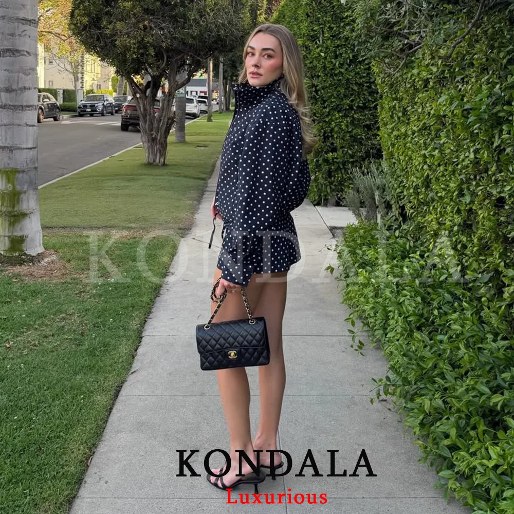 KONDALA Casual Polka Dot Women Suits Oversized Bomber Jackets Mini Shorts Fashion 2026 Spring Summer Y2K Girl Holiday Beach Set