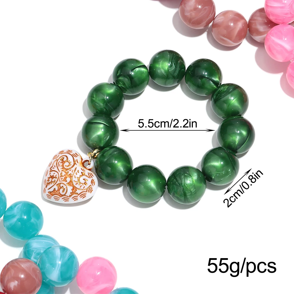 Boho Colorful Round Beads Heart Pendant Elastic Bracelets Fashion Geometric Beaded Bangle Bracelet Women Jewelry Gifts