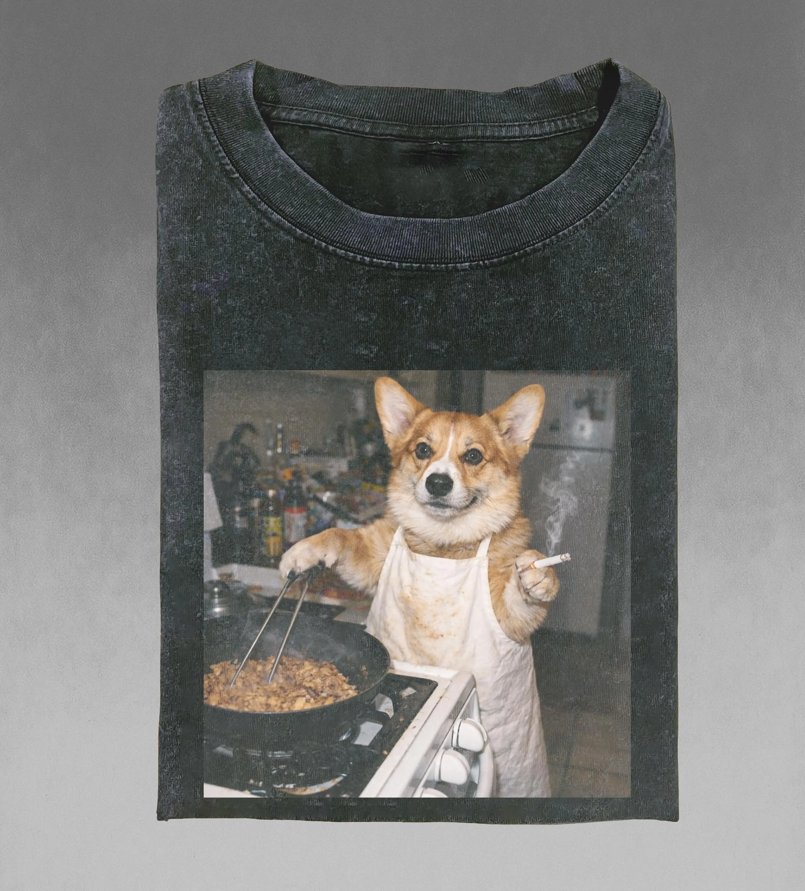 Fun Corgi shirt, retro cooking dog emoji pattern T-shirt, trendy T-shirt All-season pure cotton couple street style shirt